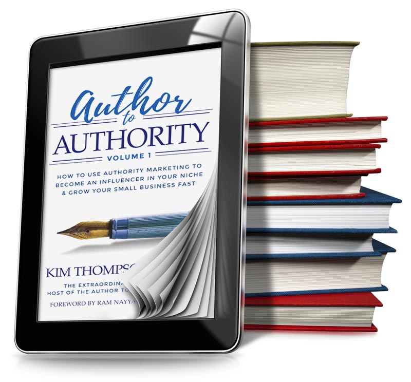 rti publishing stack of books and ebooks on tablet e-reader featuring author to authority by kim thompson-pinder